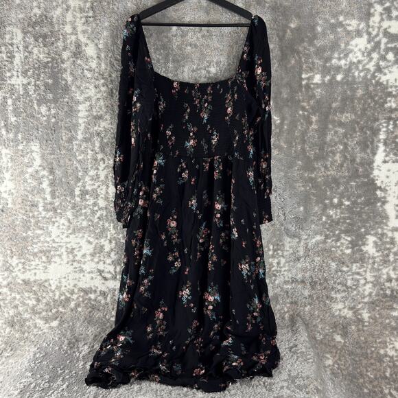 Reformation Plus Size 3X Dark Floral Midi Smocked Dress Black Long Sleeve - Picture 3 of 10
